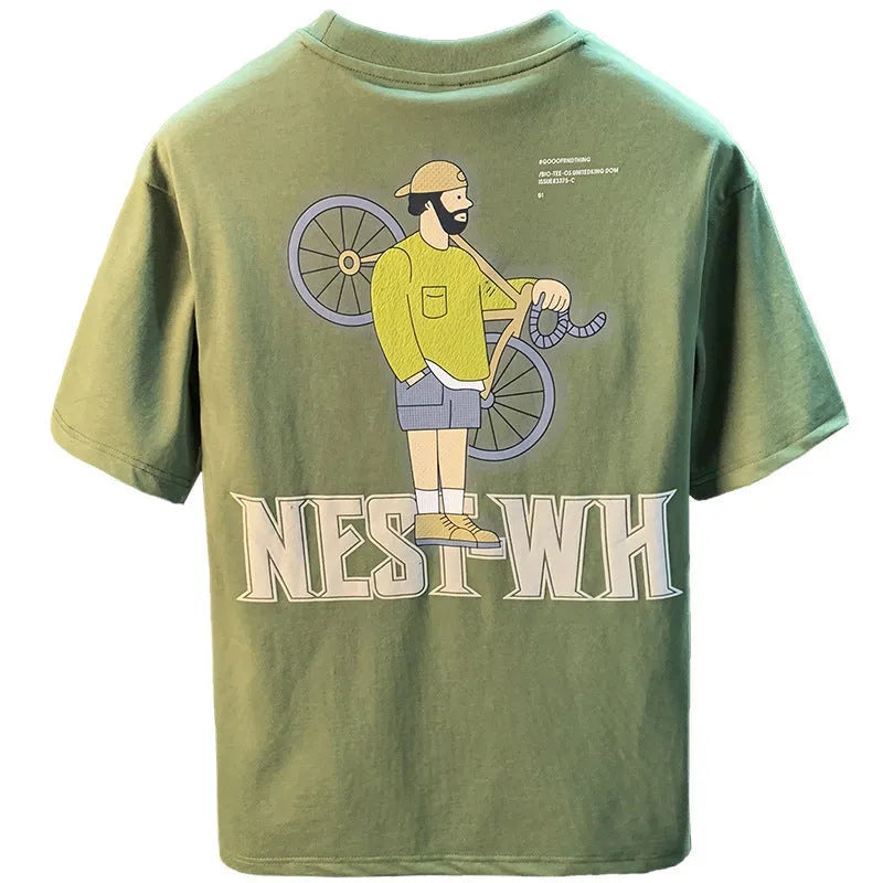 Green loose fit men's t-shirt with a large literary graphic print on the front.