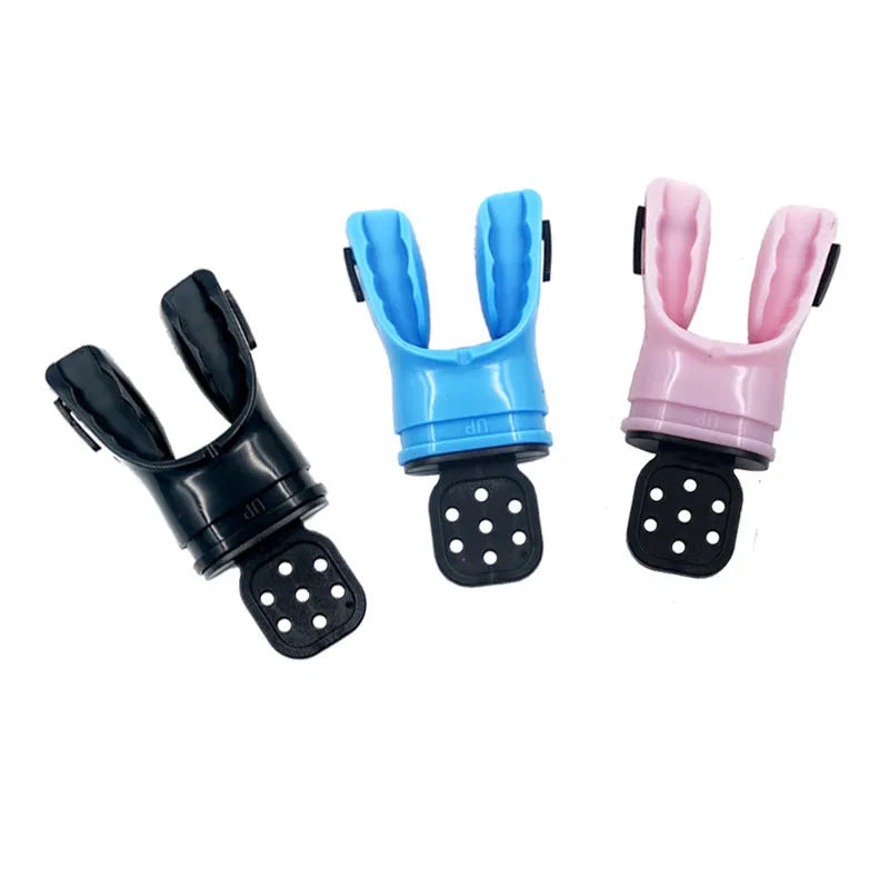 Edible silicone plastic free diving mouthpiece in various colours, showing 110mm length.