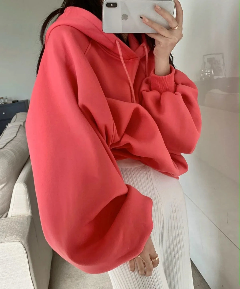 Women's watermelon red mulberry silk hooded pullover sweater with loose fit