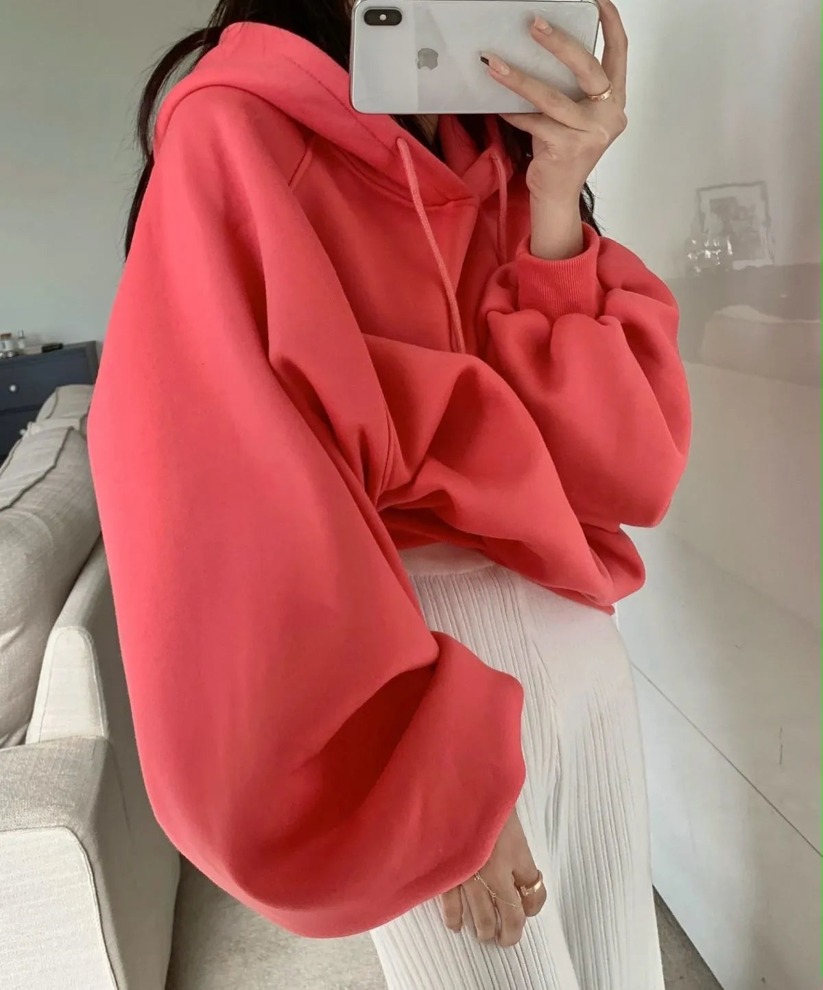 Women's watermelon red mulberry silk hooded pullover sweater with loose fit