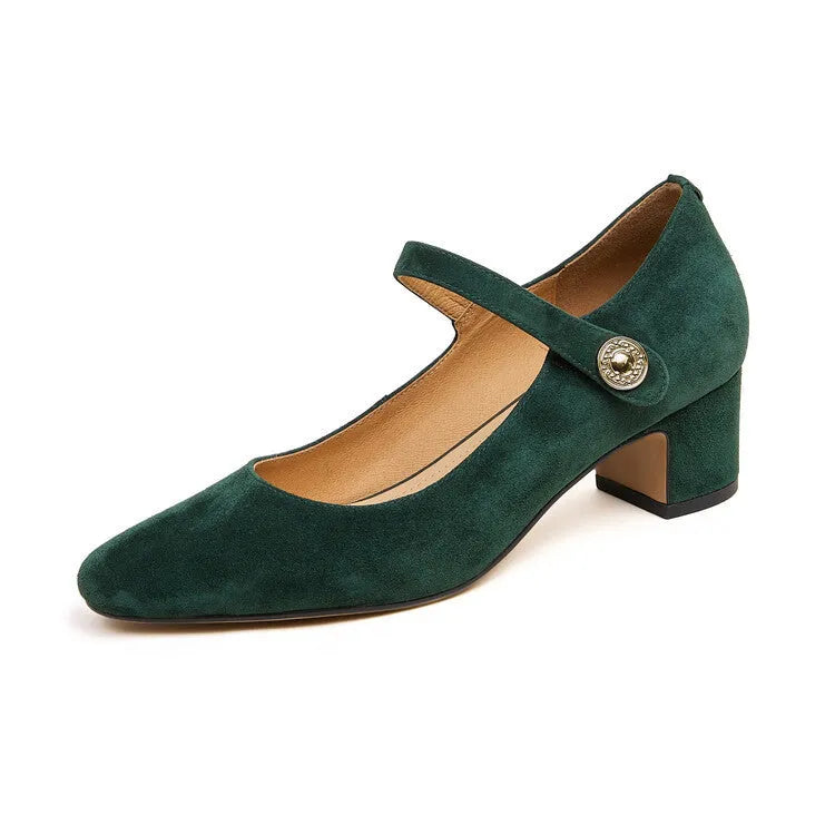 Women's Mary Jane chunky heel pumps in black suede with square toe and low-top profile