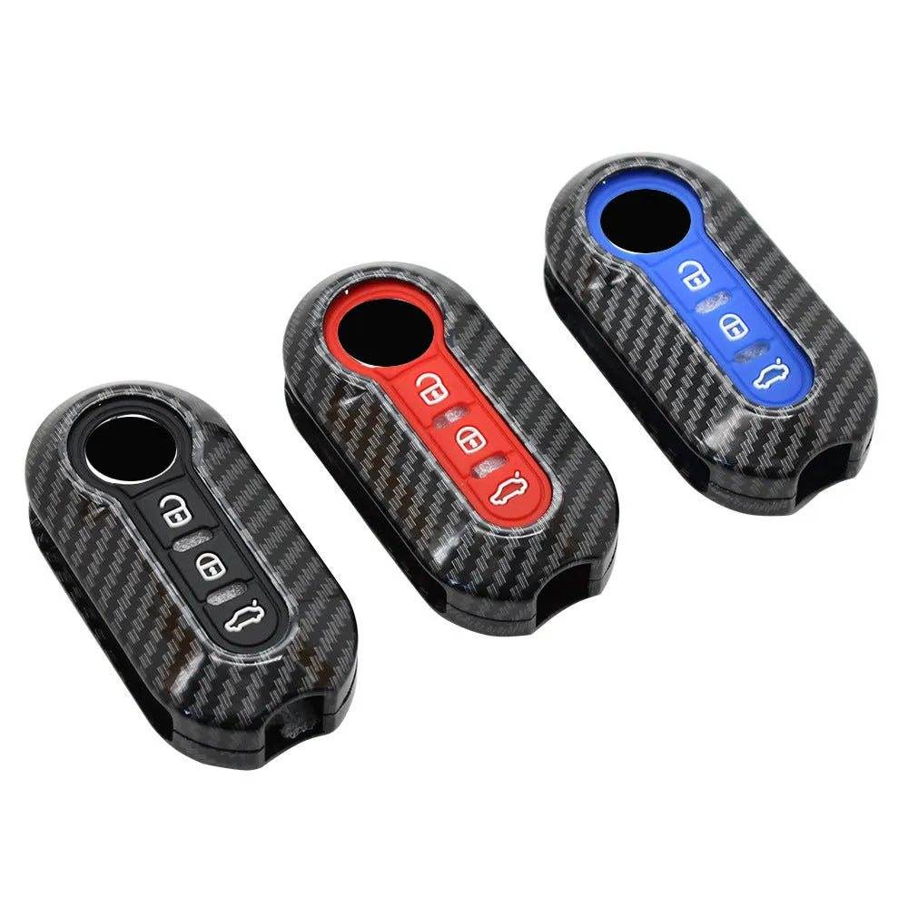 Fiat 500 Boyue car key shell in carbon fibre black ABS plastic, showing button layout.