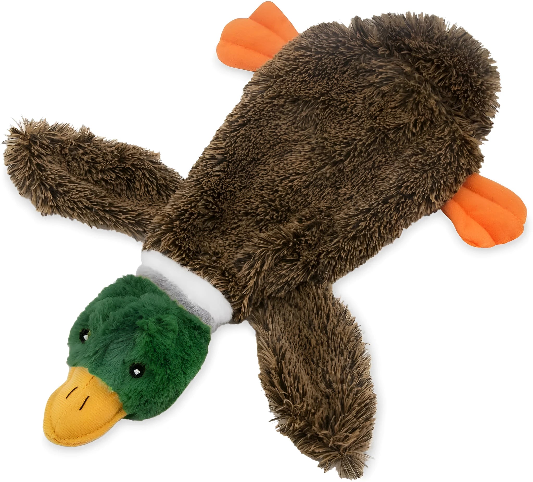 Green wild duck shaped soft dog toy with no stuffing and dual squeakers