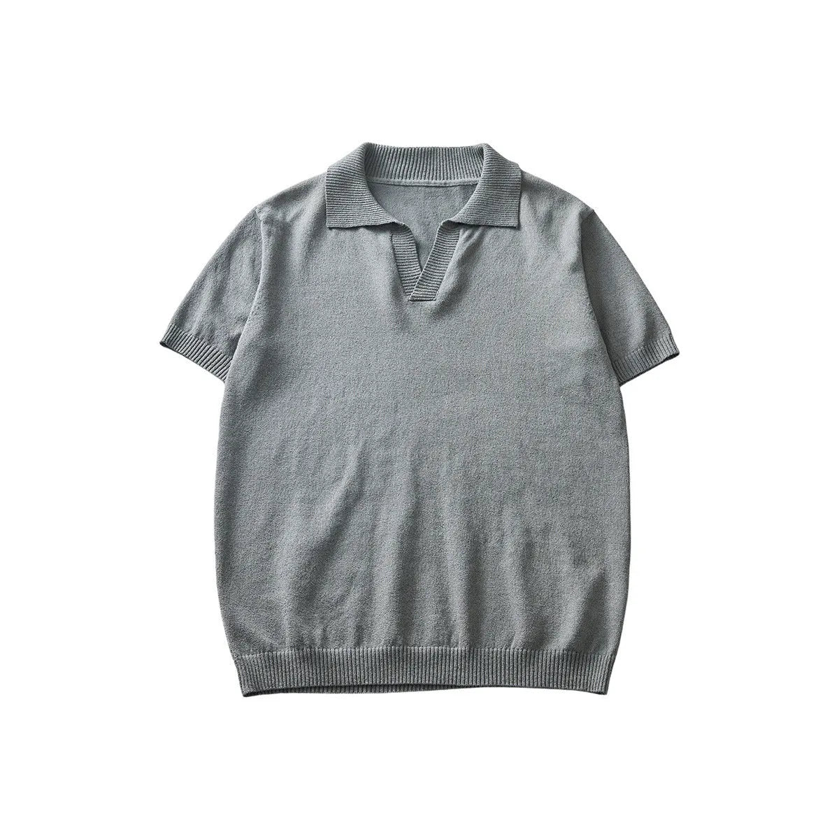 Solid colour knitted short-sleeve polo collar T-shirt for men, available in five summer shades including white, gray, navy blue, green, black