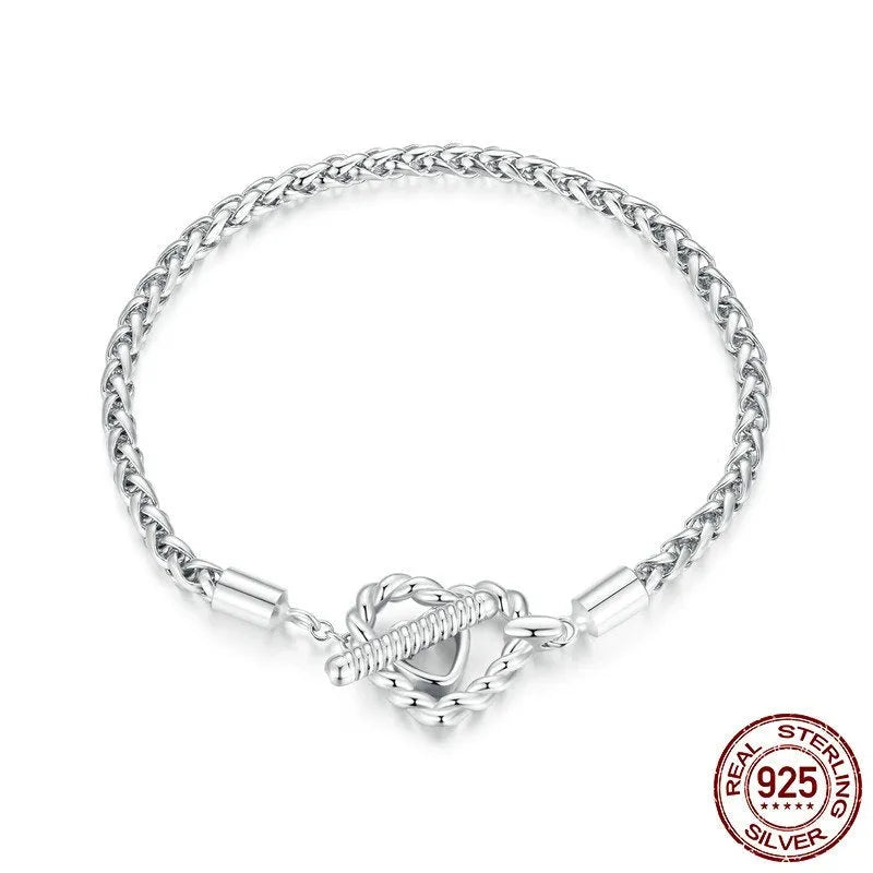 S925 sterling silver heart-shaped base bracelet on a light background showing 17cm and 19cm sizes