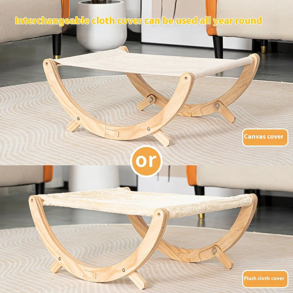Solid wood foldable cat shaker bed hammock with canvas fabric option on a floor