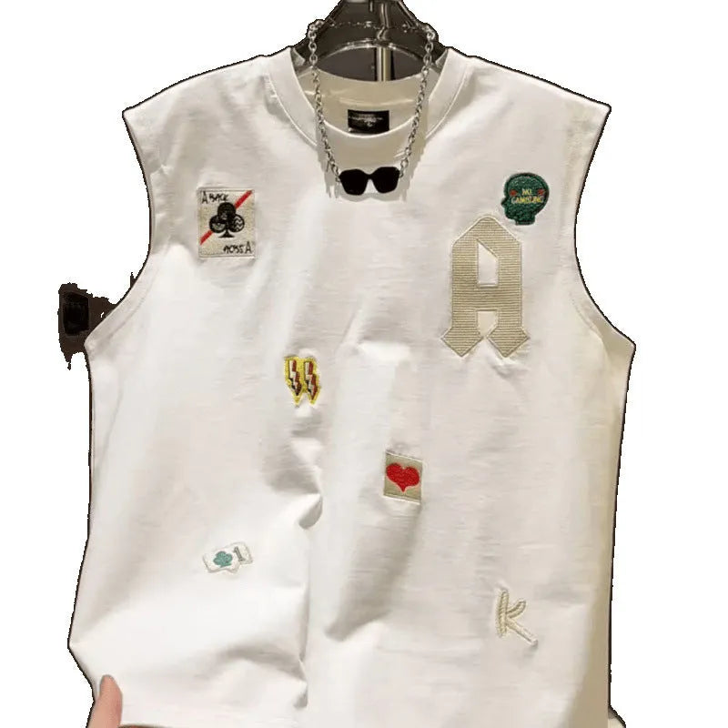Men cartoon printed sleeveless vest T-shirt loose fit cotton white front view