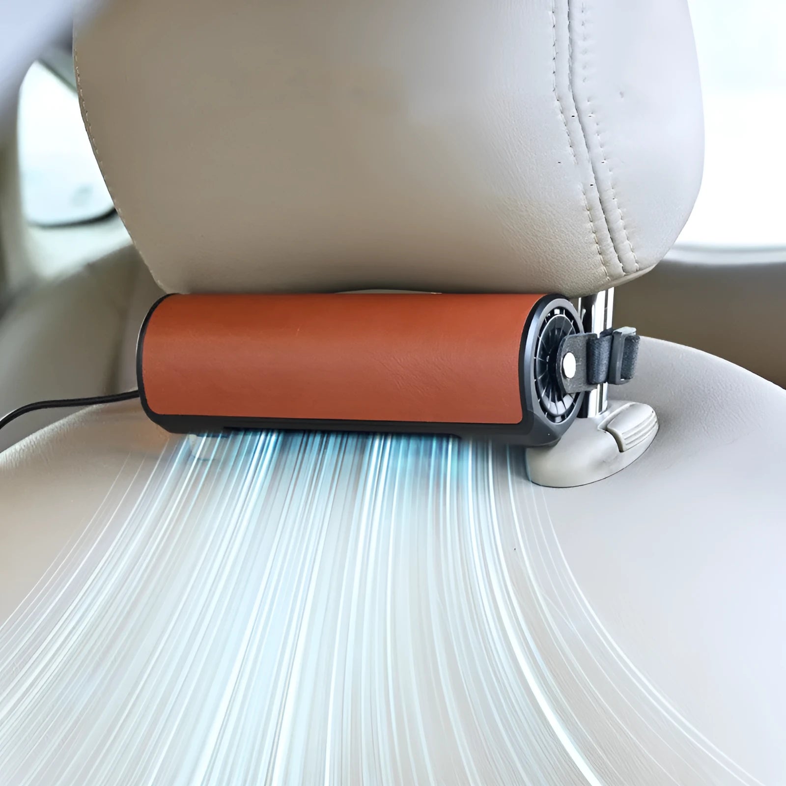 USB-powered rear seat car fan with long cable in black, brown, or red colour options