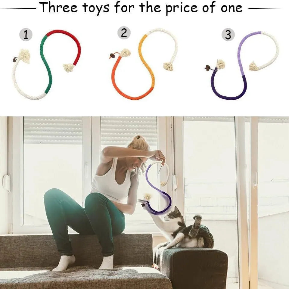 Cat bite rope toy made of cotton string, 70cm long, catnip-stuffed, available in purple, orange, or red with green colours