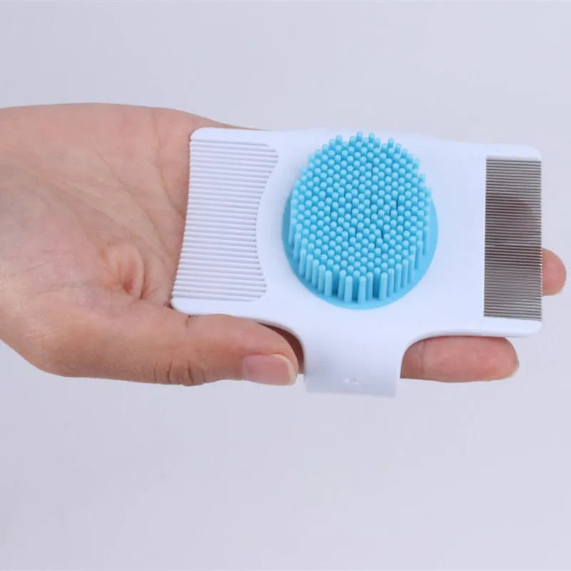 Multifunctional pet comb for dog grooming in Blue or Green measuring 8.5cm x 7.5cm x 2.5cm for flea and hair removal.