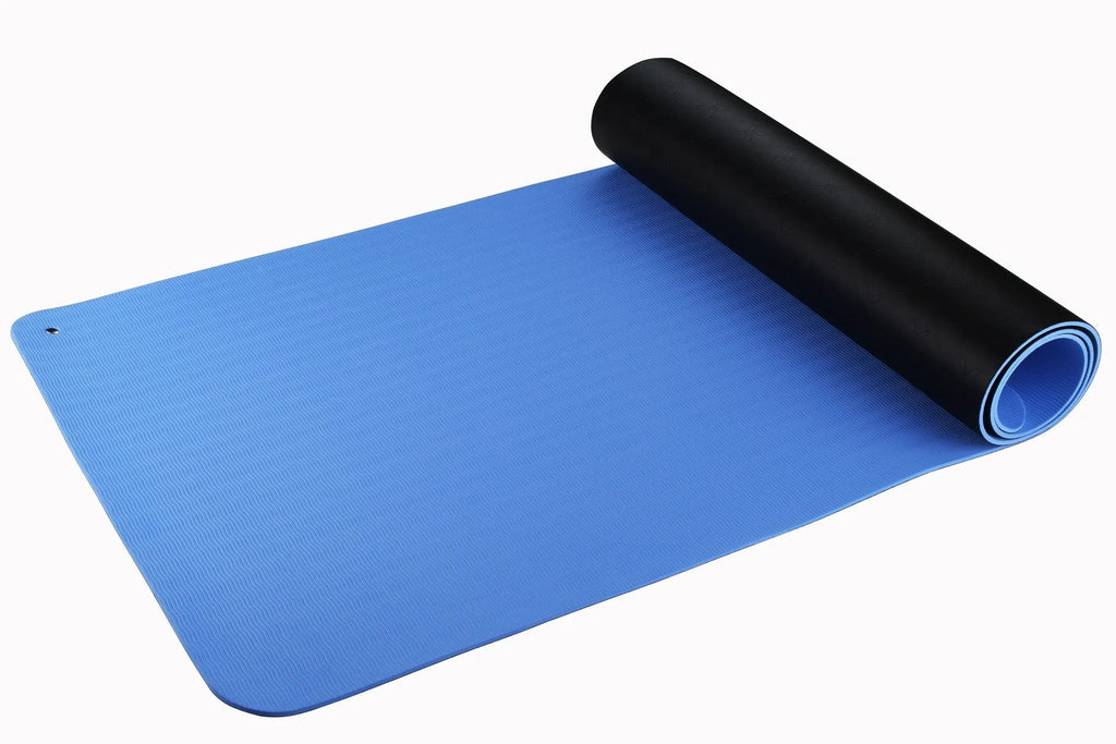 Blue conductive grounding yoga mat with plant pattern, showing integrated wire and 182cm length.