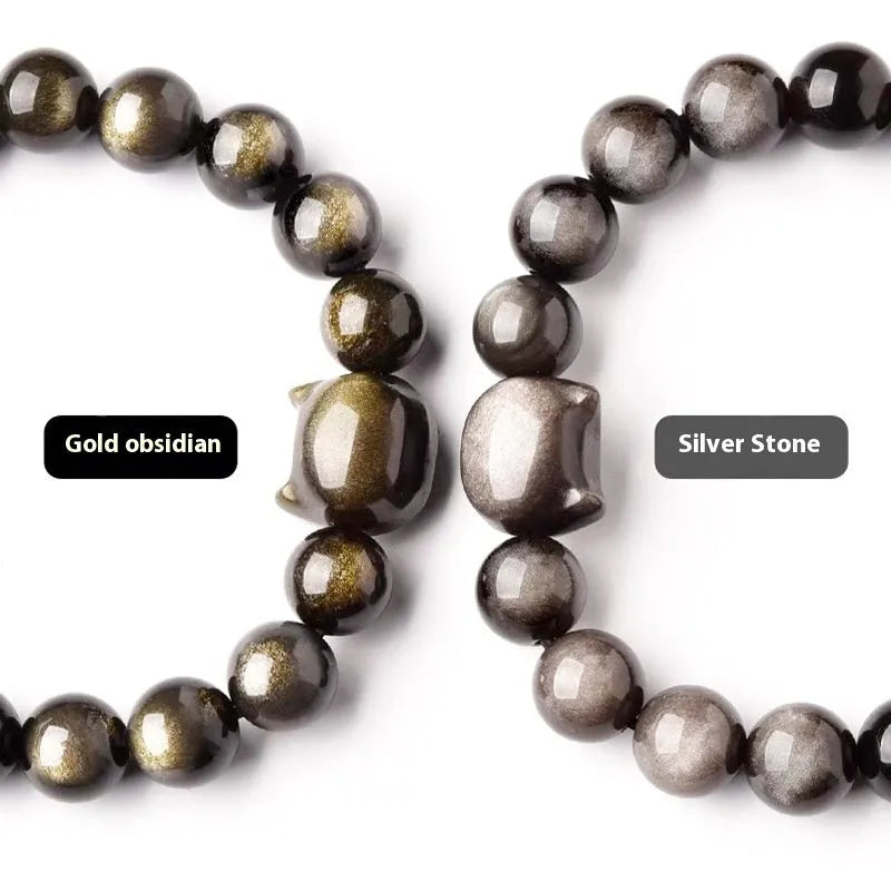 Polished obsidian cat head bracelet with natural stone beads and round cat head accessory, gold style, 10mm beads