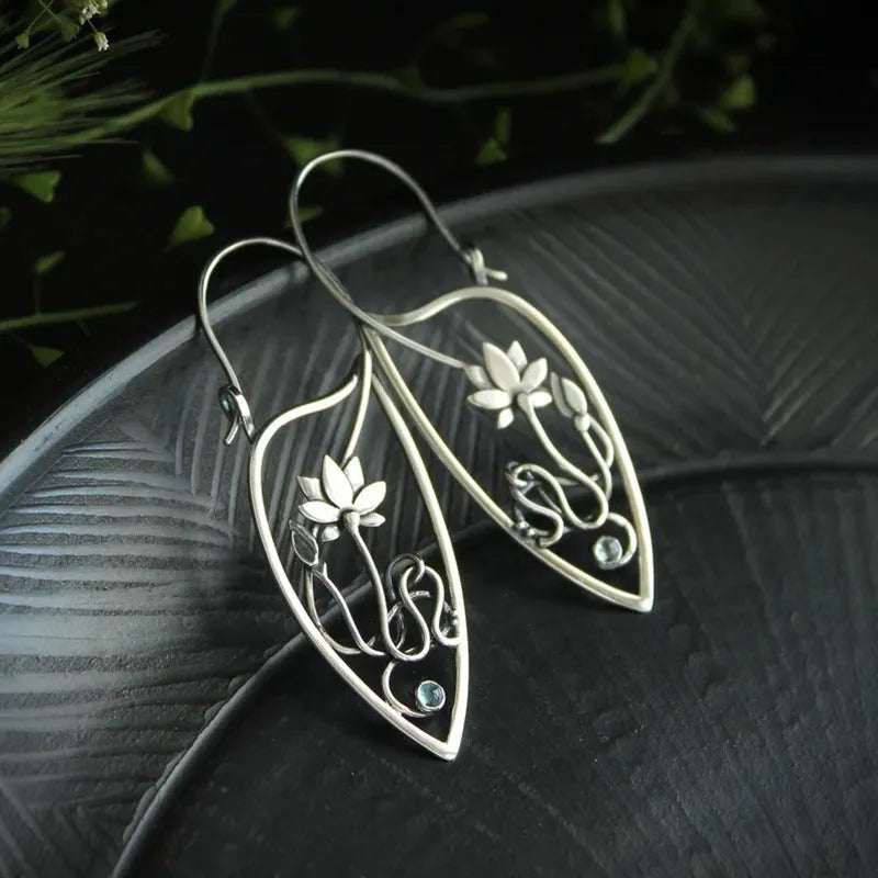 Silver electroplated alloy rhinestone lotus vine flower geometric earrings for women