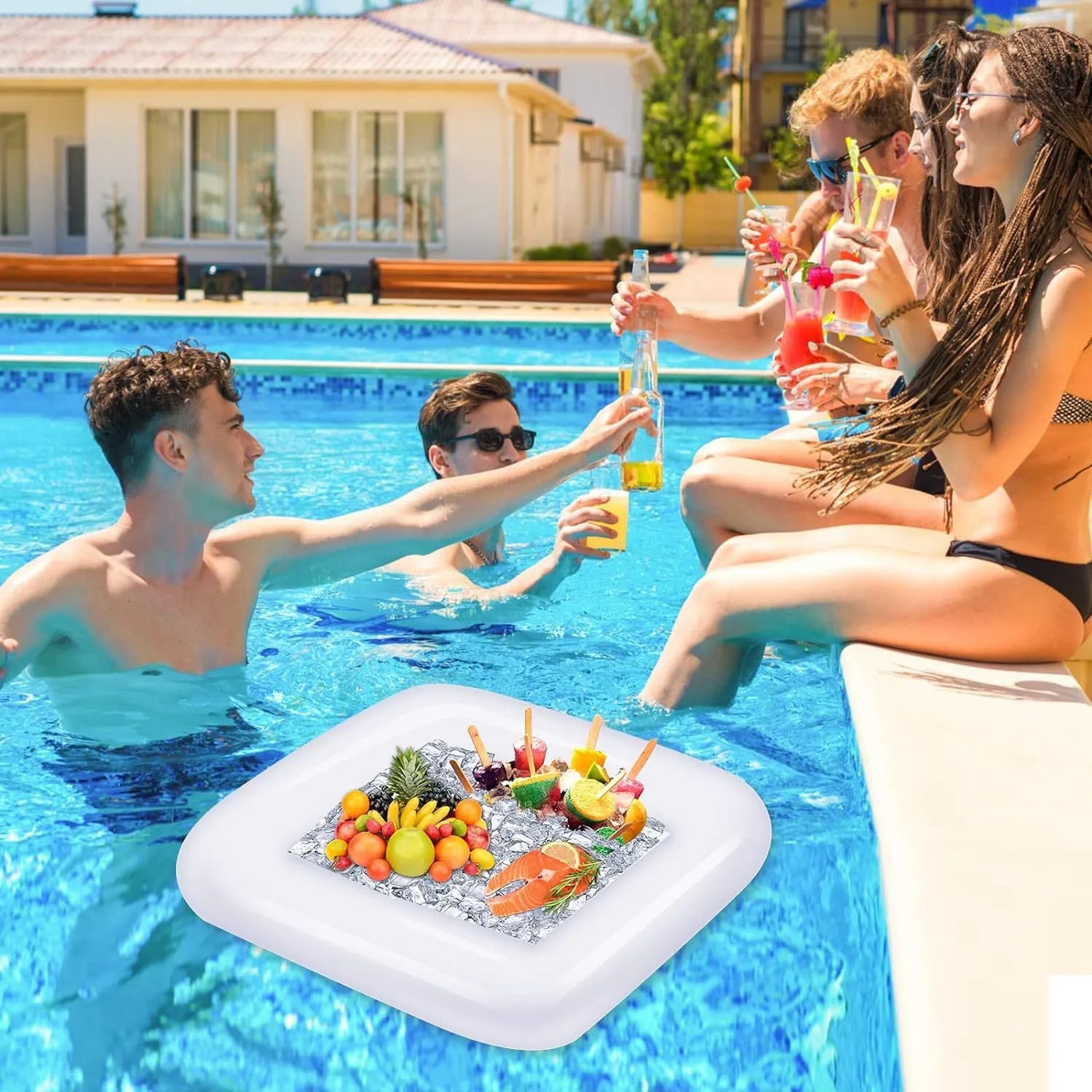 Inflatable PVC ice bar for parties with cup holders and a yellow beer steins ice bucket