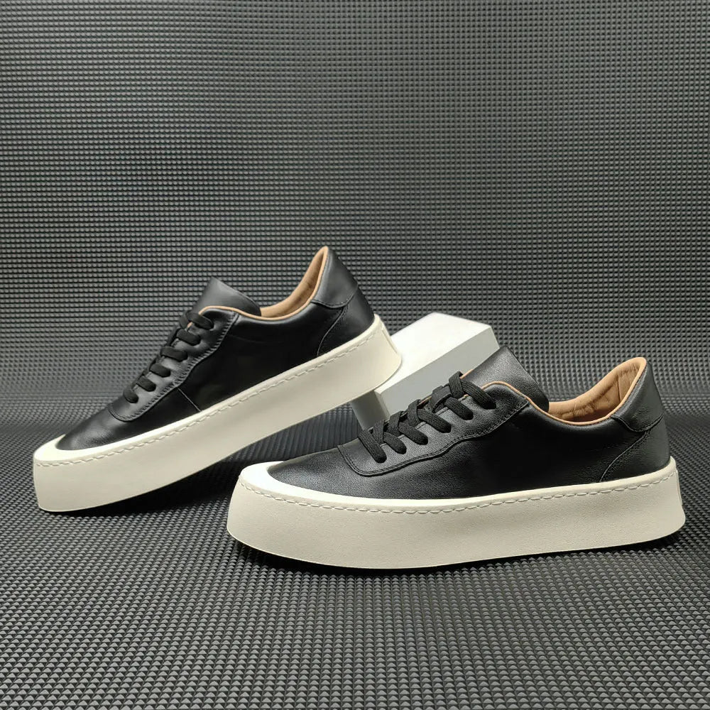 Boys first layer cowhide platform board shoes with thick rubber sole and height increase in black white yellow
