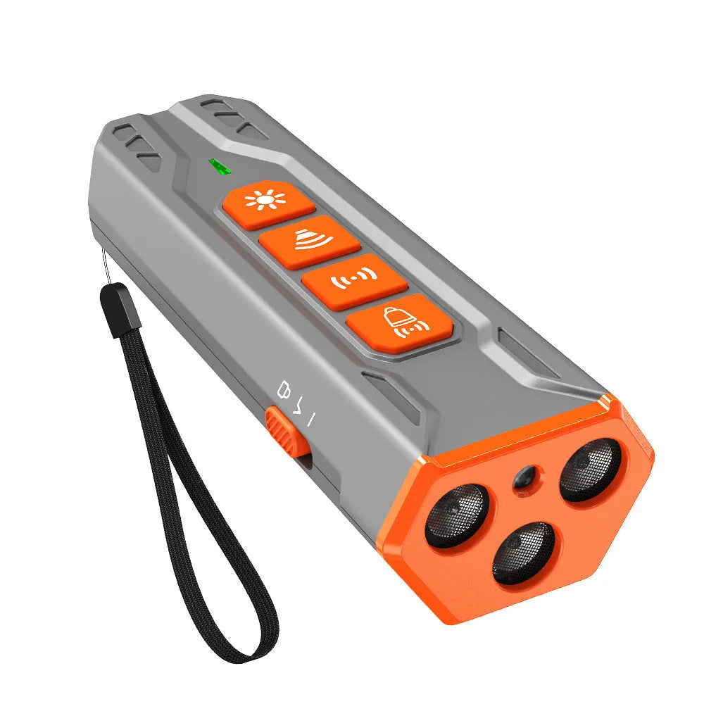 Ultrasonic dog trainer with three head design in grey orange and black orange colour options