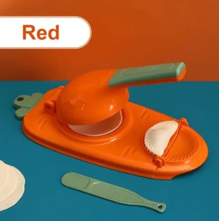 2-in-1 plastic dumpling dough press maker in orange and white, with ergonomic handle and hanging hole for storage