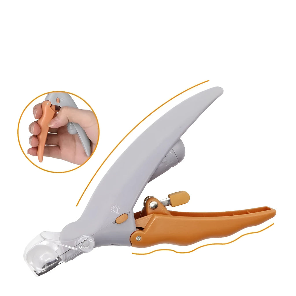Yellow pet nail clipper with LED light, magnifying lens, and non-slip handle for dogs and cats.