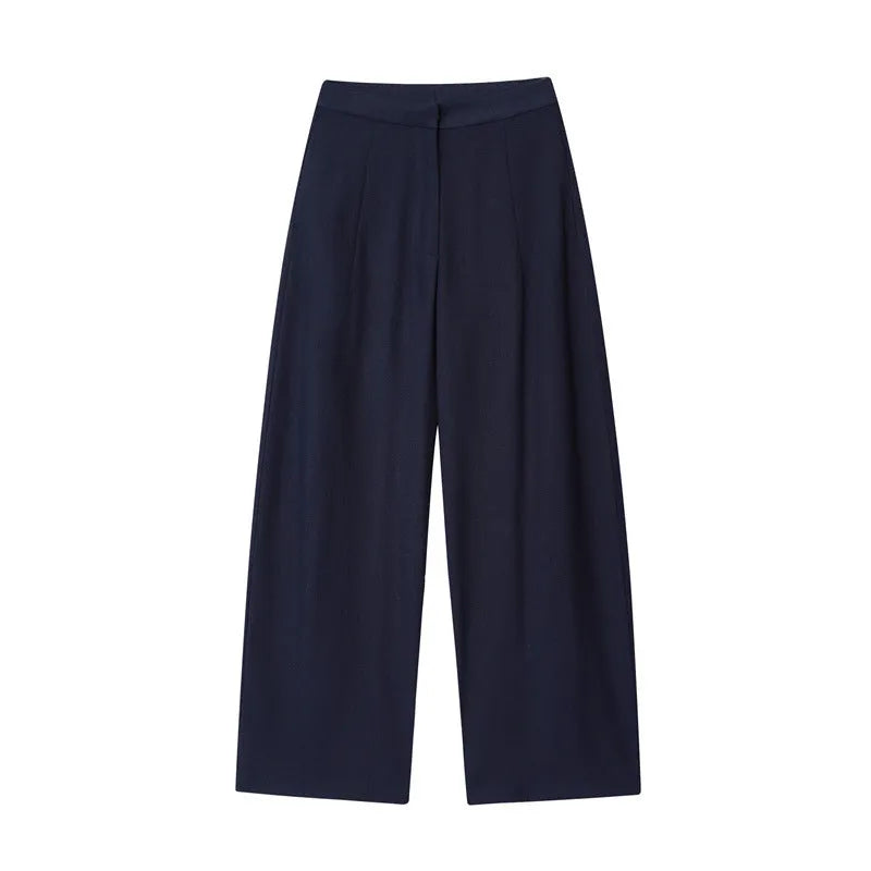 Women's linen-look blend shirt with flounced sleeves paired with wide-leg trousers, a two-piece commute outfit set.