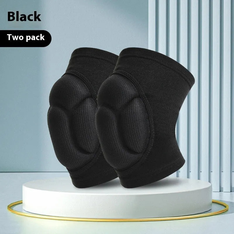 Black and blue thick sponge knee pads with breathable polyester construction for volleyball and outdoor sports