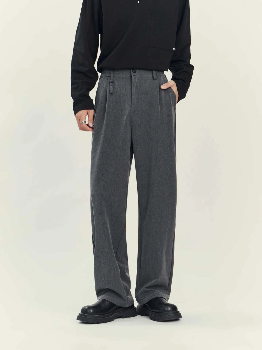 Business casual draping suit pants loose straight-leg solid black colour fabric blend