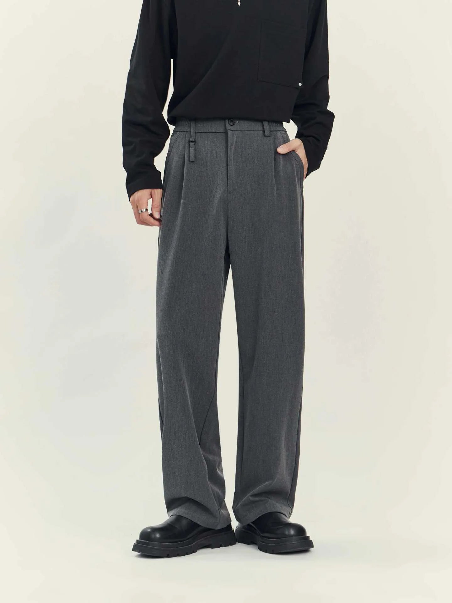 Business casual draping suit pants loose straight-leg solid black colour fabric blend