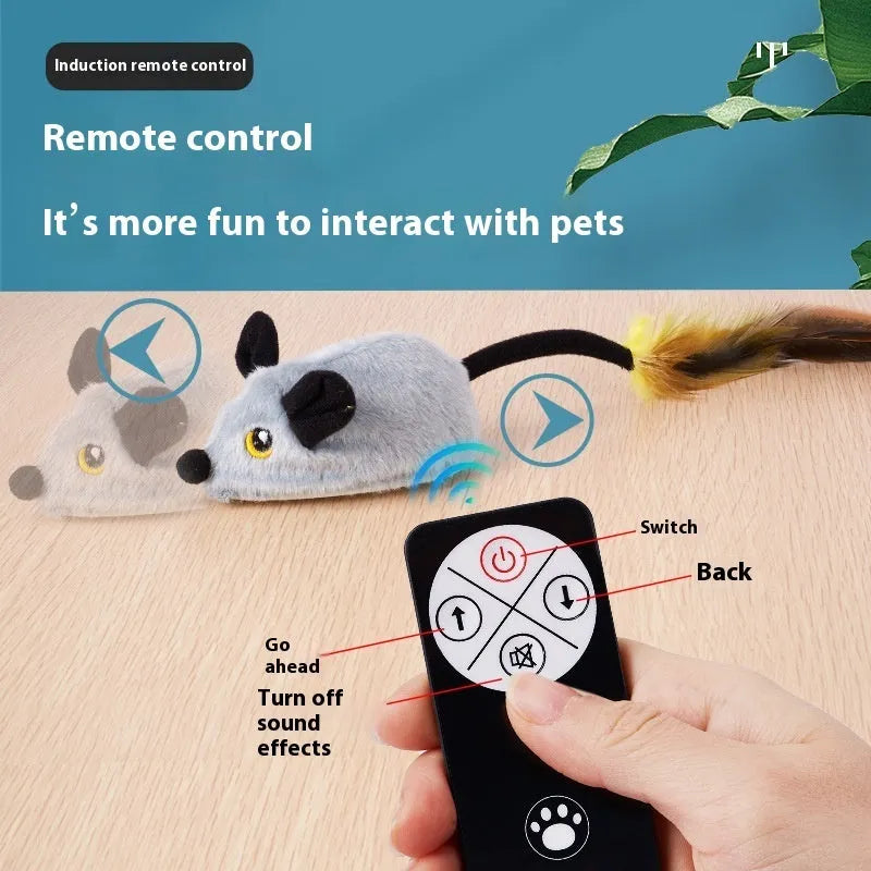 Remote control plush mouse cat toy in gray with remote control and data cable included.
