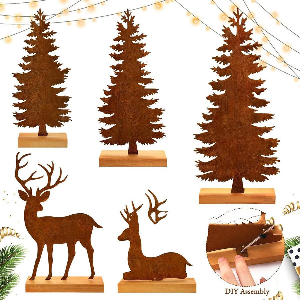 Three rusty metal Christmas decorations with elk and tree designs on white background