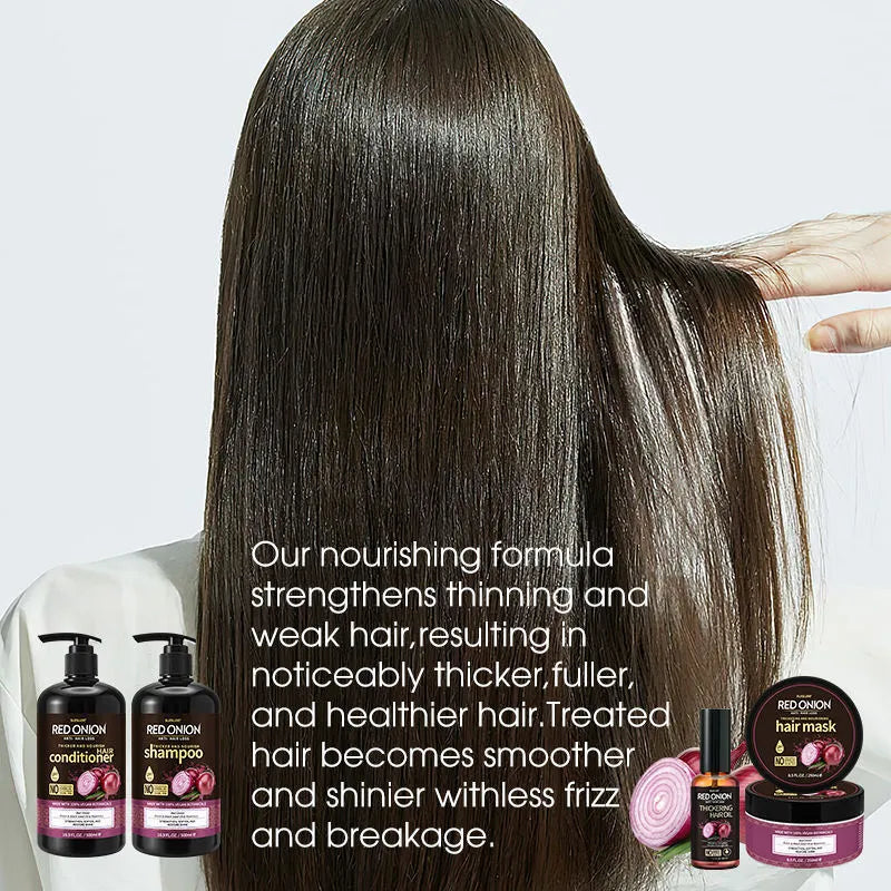 Red Onion Shampoo, Conditioner, Hair Mask, and Essential Oil four-piece haircare set.