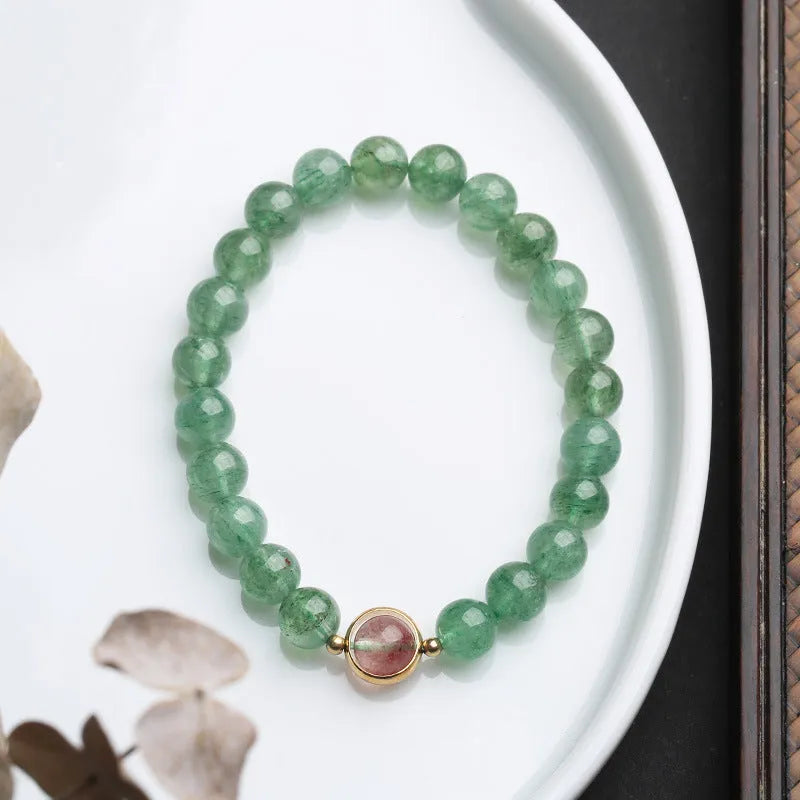 Natural green strawberry quartz single circle ball bracelet hand-woven 7.5mm beads Chinese style for women