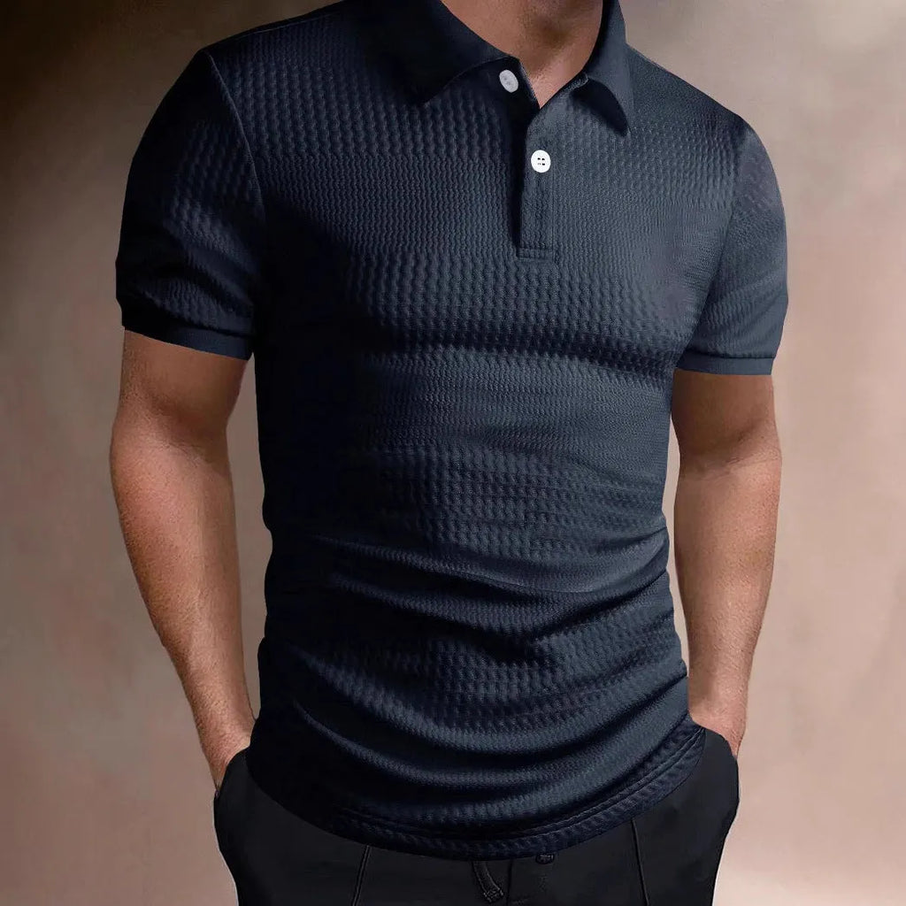 Men's striped polo shirt in khaki, loose fit short sleeve, asymmetric detail, polyester blend