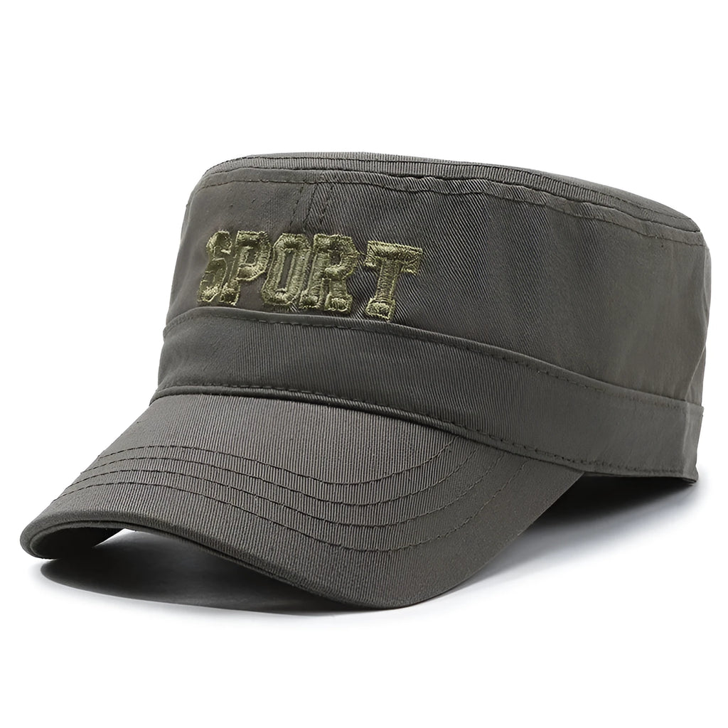 Men's adjustable cotton peaked cap in army green with dome crown and English letter print.