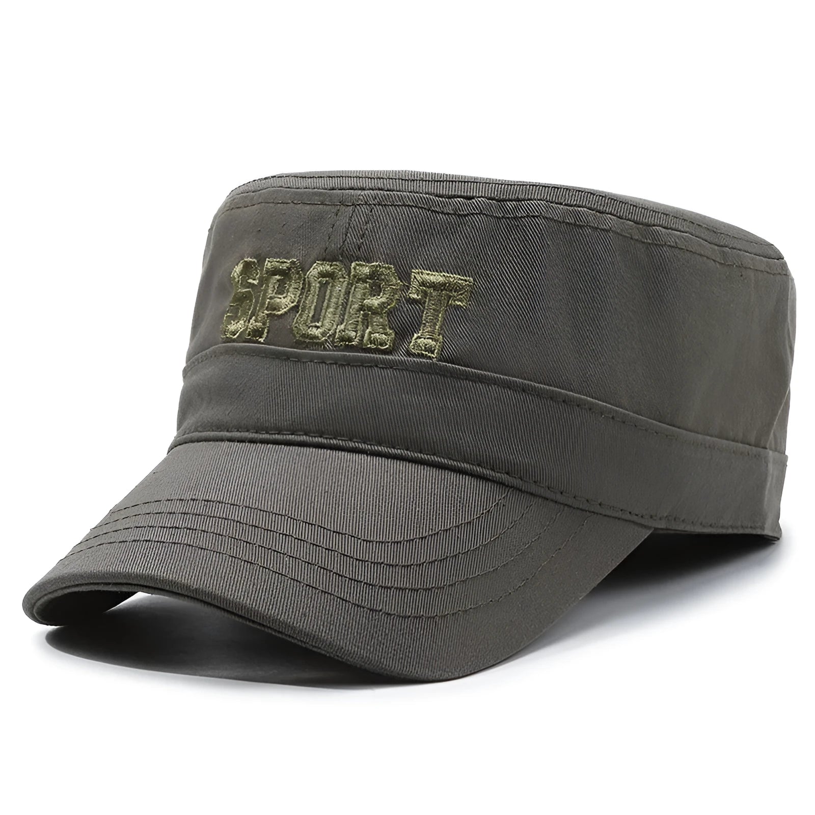 Men's adjustable cotton peaked cap in army green with dome crown and English letter print.
