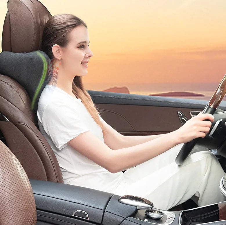 Memory foam car neck pillow in dark gray with polyester cover, 67cm length, for four seasons use