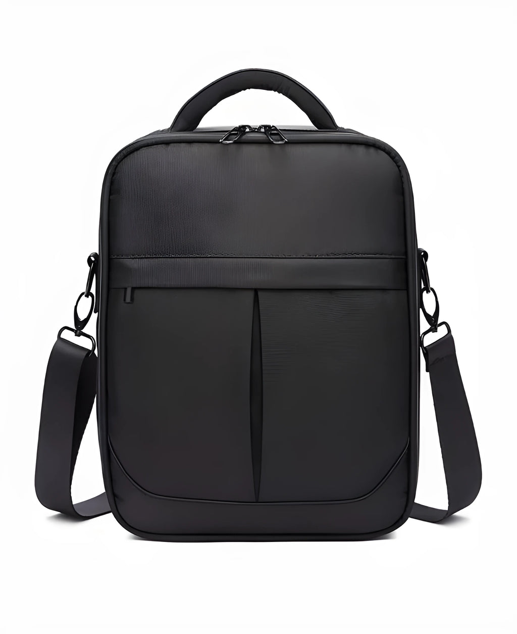 Black Oxford fabric men's messenger shoulder bag showing front and side profile.