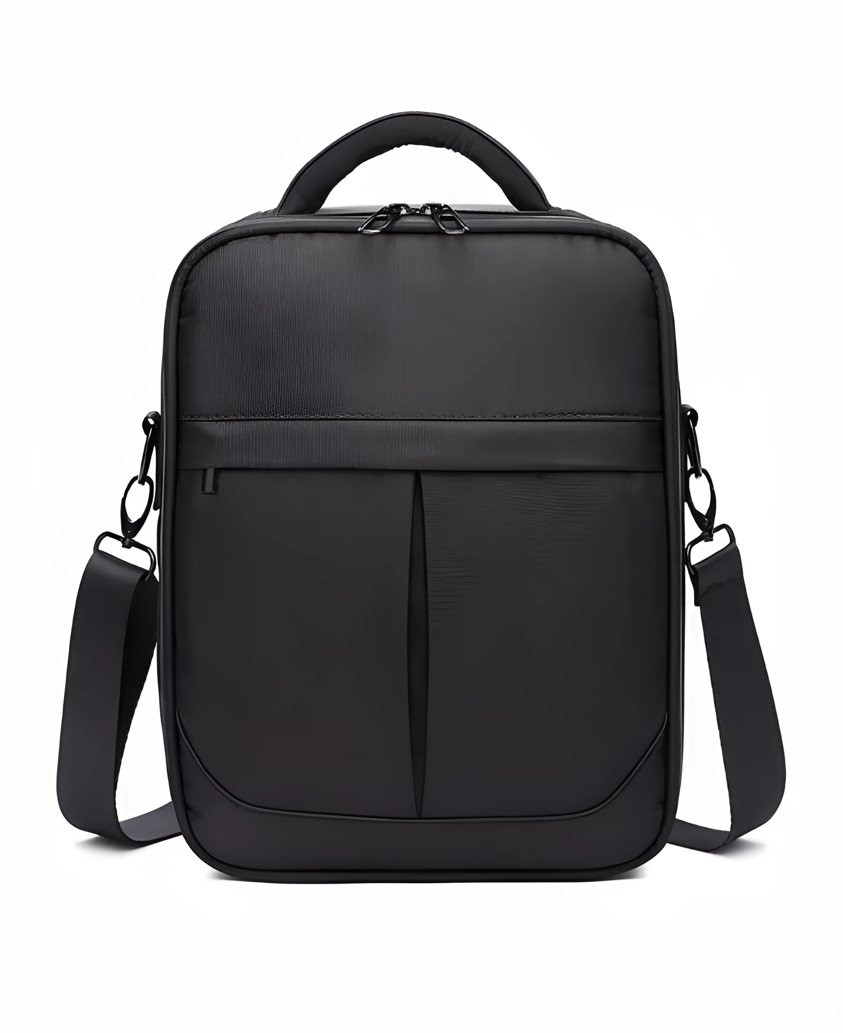 Black Oxford fabric men's messenger shoulder bag showing front and side profile.