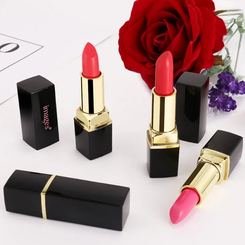 Moisturising lipstick in a case, showing colour range including coral red, bright orange, and barbie pink.