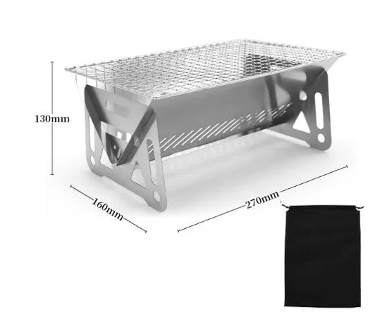 Folding stainless steel barbecue oven and BBQ grill with storage bag for outdoor use.