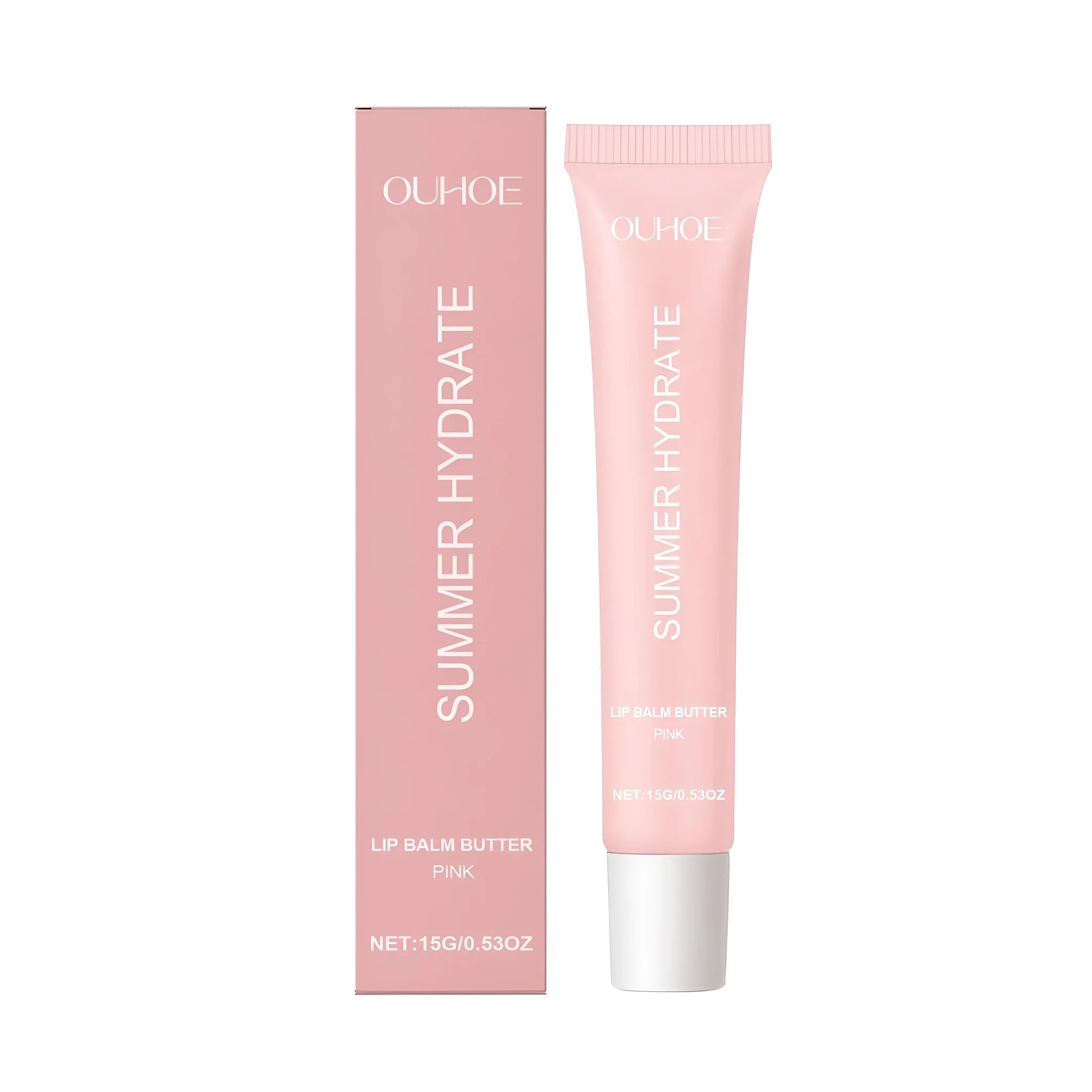 Pink shea butter lip balm in lipstick packaging with natural oils and vitamin E