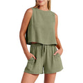 Women's rayon linen summer set with sleeveless top and drawstring shorts in various colours