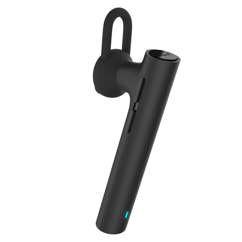 Compact wireless Bluetooth headset in black, measuring 5.6 cm x 1 cm x 0.8 cm, with earpiece and charging port visible