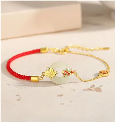 925 silver koi peace buckle bracelet with Hetian jade and red rope, gold electroplated finish
