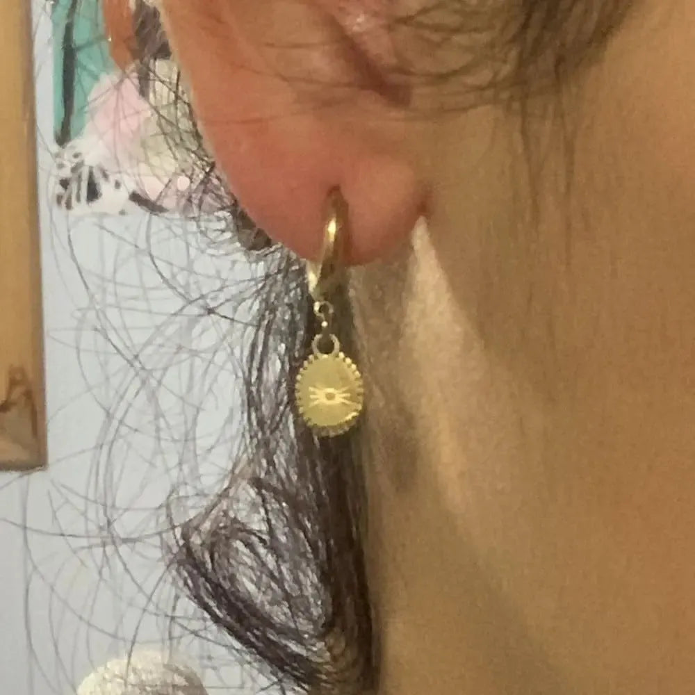 Geometric elliptical stainless steel earrings with an ear button fastening on a white background.