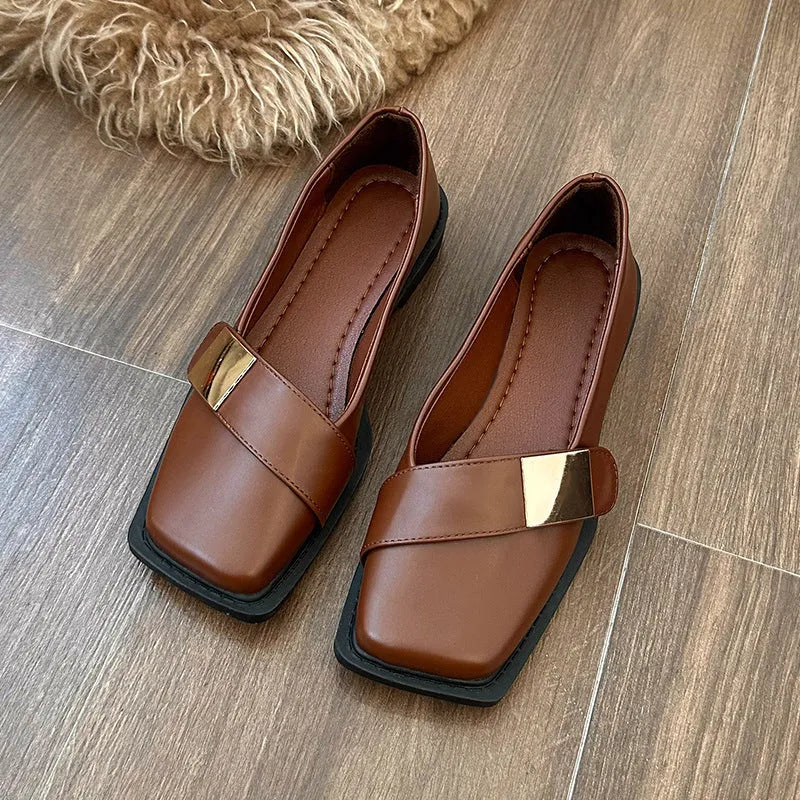 Women's square toe flat-heeled shoes with metal buckle, low heel 1-3cm, artificial leather upper, beige colour