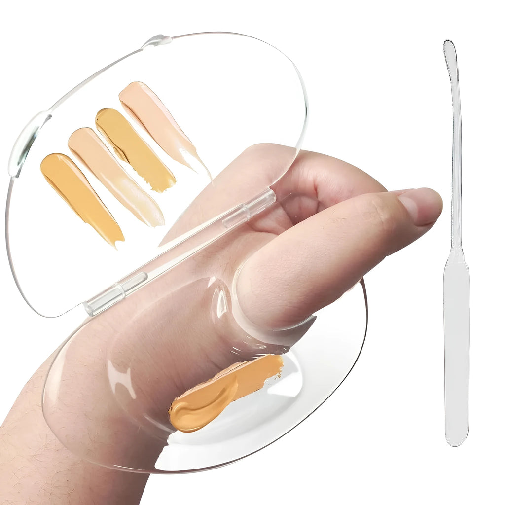 Transparent acrylic makeup mixing palette with groove area for liquid foundation, eye shadow and lip gloss test areas