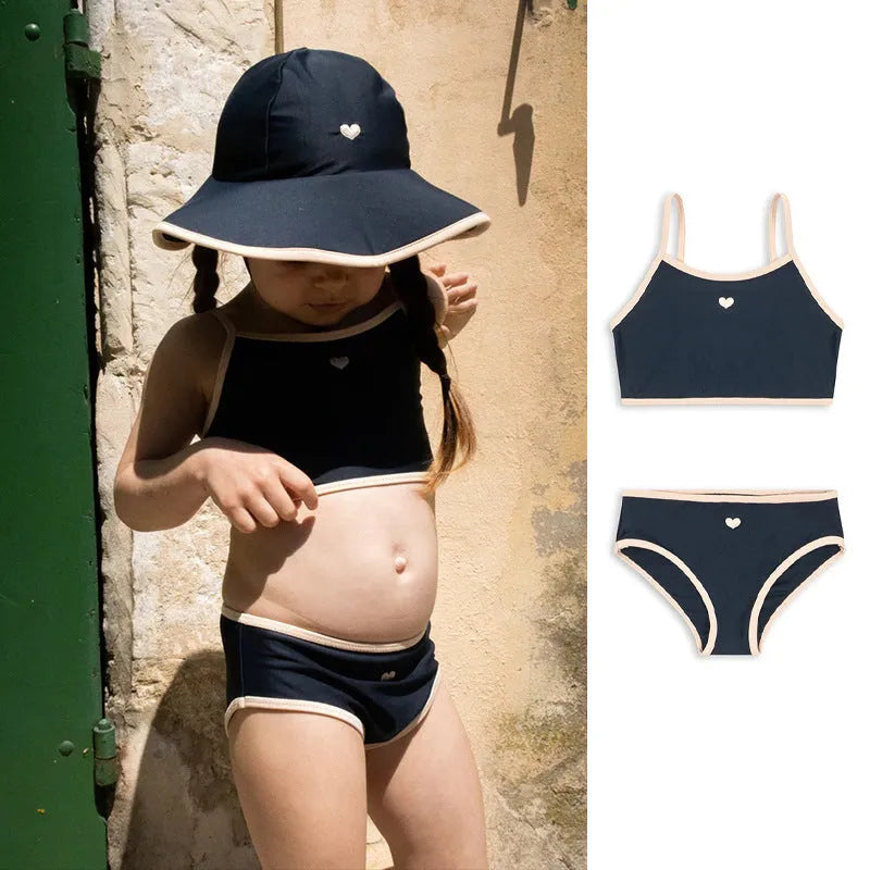 Dark blue baby split swimsuit for girls ages 1-6, high-elasticity polyester, sizes 90cm to 130cm
