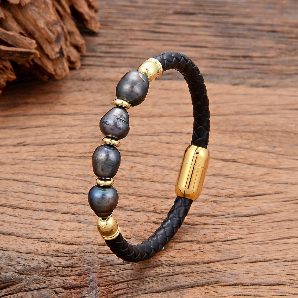 Unisex irregular pearl bracelet on leather cord, white pearl with gold accent, handmade Korean style