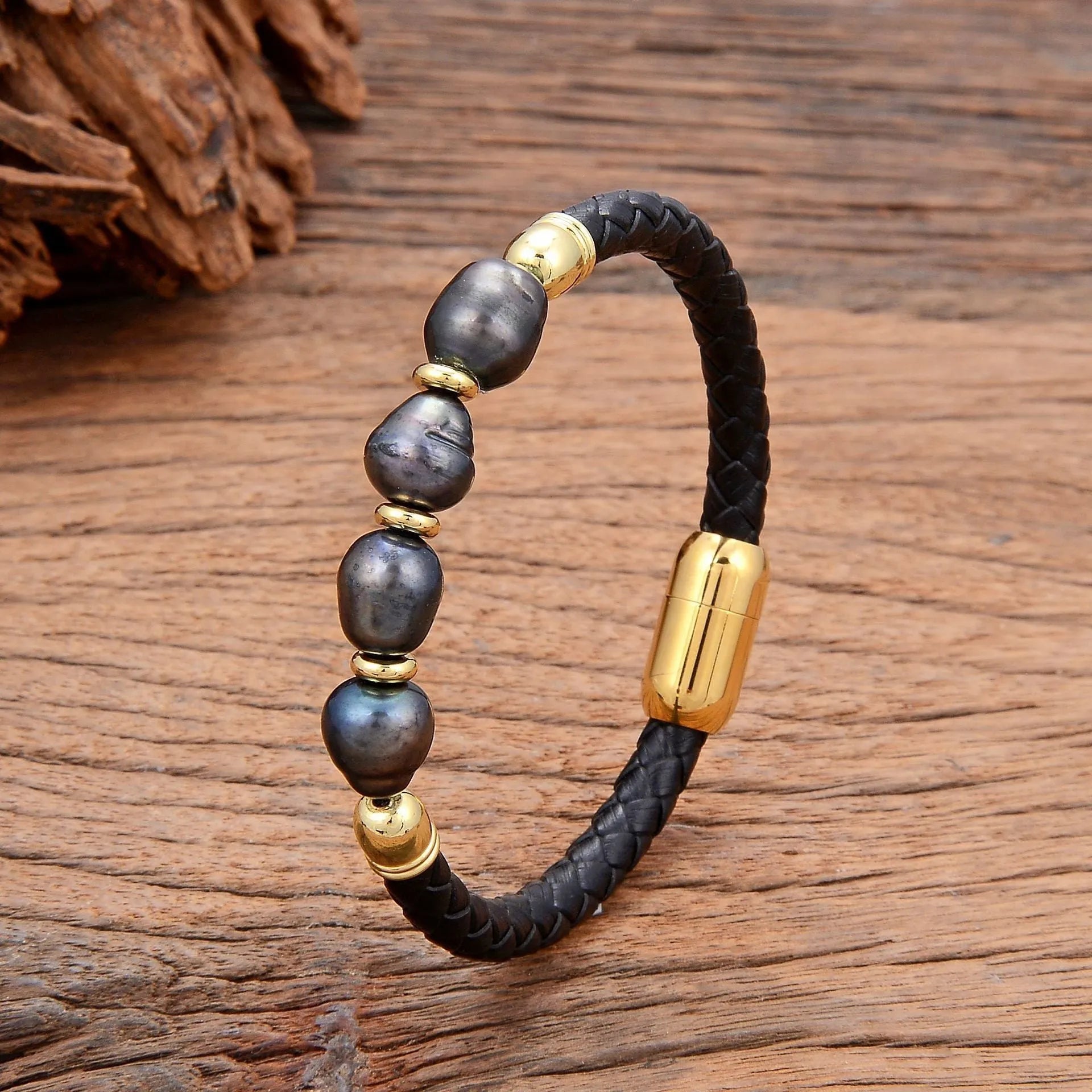 Unisex irregular pearl bracelet on leather cord, white pearl with gold accent, handmade Korean style