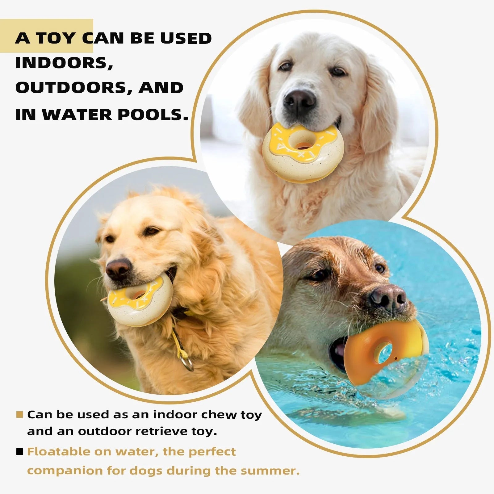 TPR rubber donut-shaped dog chew toy in pink, chocolate and yellow colours with textured teeth cleaning surface