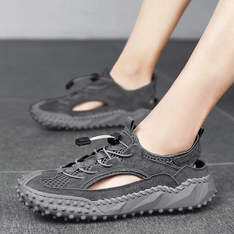 Men's non-slip hollow wading sandals in 8854 Black with leather mesh upper and rubber sole